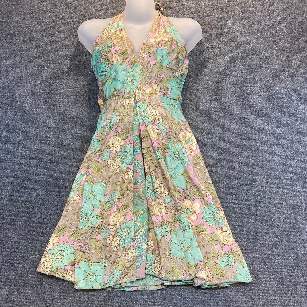 Karma Highway Boho Floral Halter Short Mini Pastel Green Pink Gold Sun Dress OS